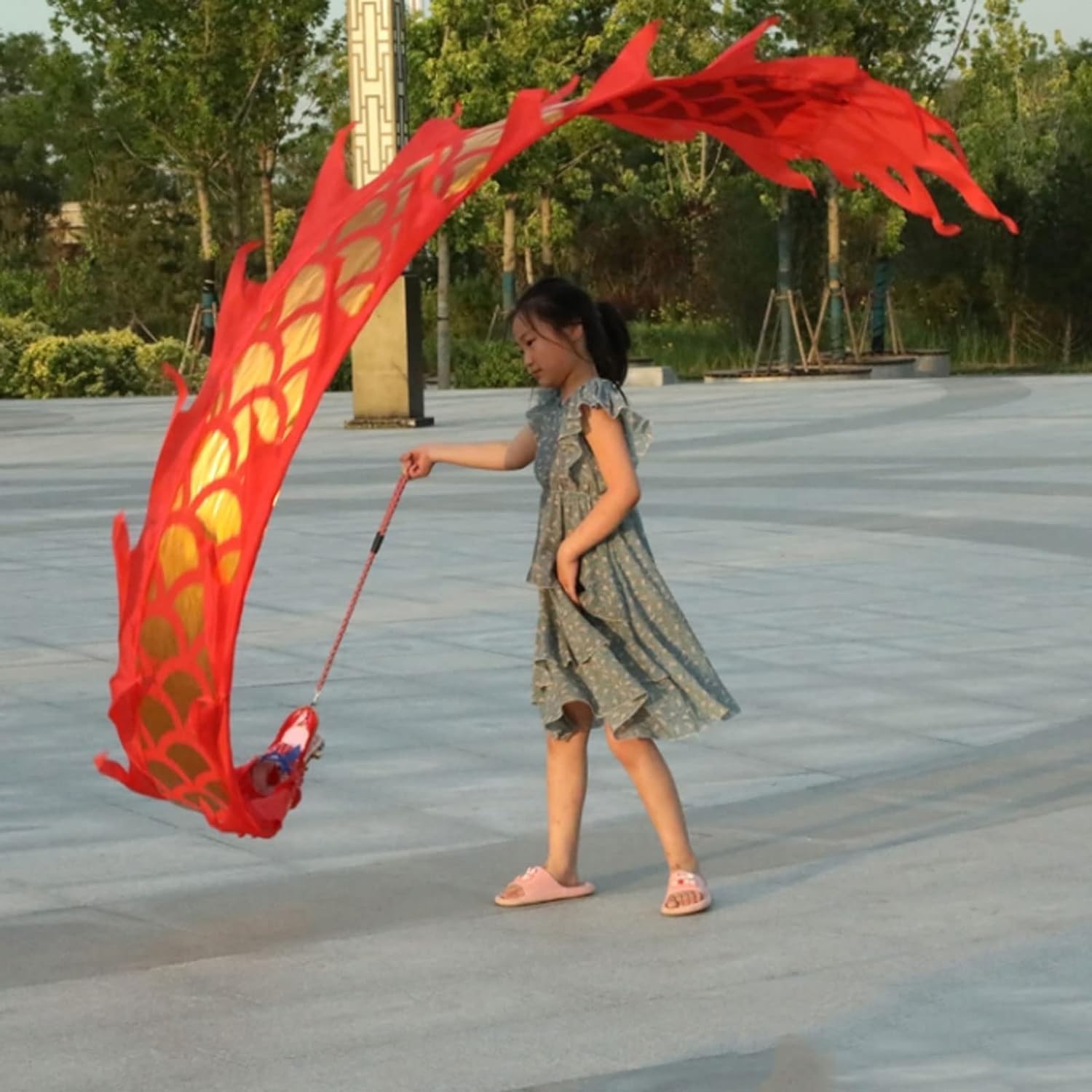 Chinese New Year Decorations Streamer Chinese Dragon Dance Outdoor Flinging Fitness Lion Dance with 3D Real-Like Plastic Dragon Head and Rope Spring Festival Party Supplies(Red)