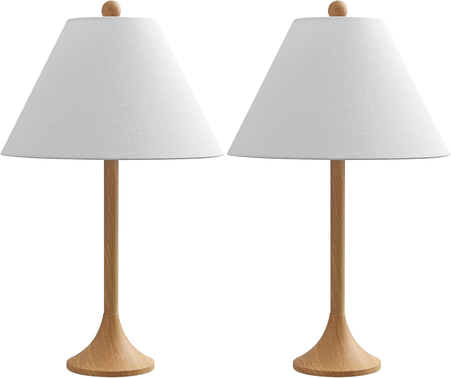 JONATHAN Y 25' Brown Wood Finish Modern Coastal Iron Table Lamp Set of 2, Faux Wood Grain Column Bedside Lamps for Living Room, White Linen Shade, LED Bulbs Included JYL5507A-SET2