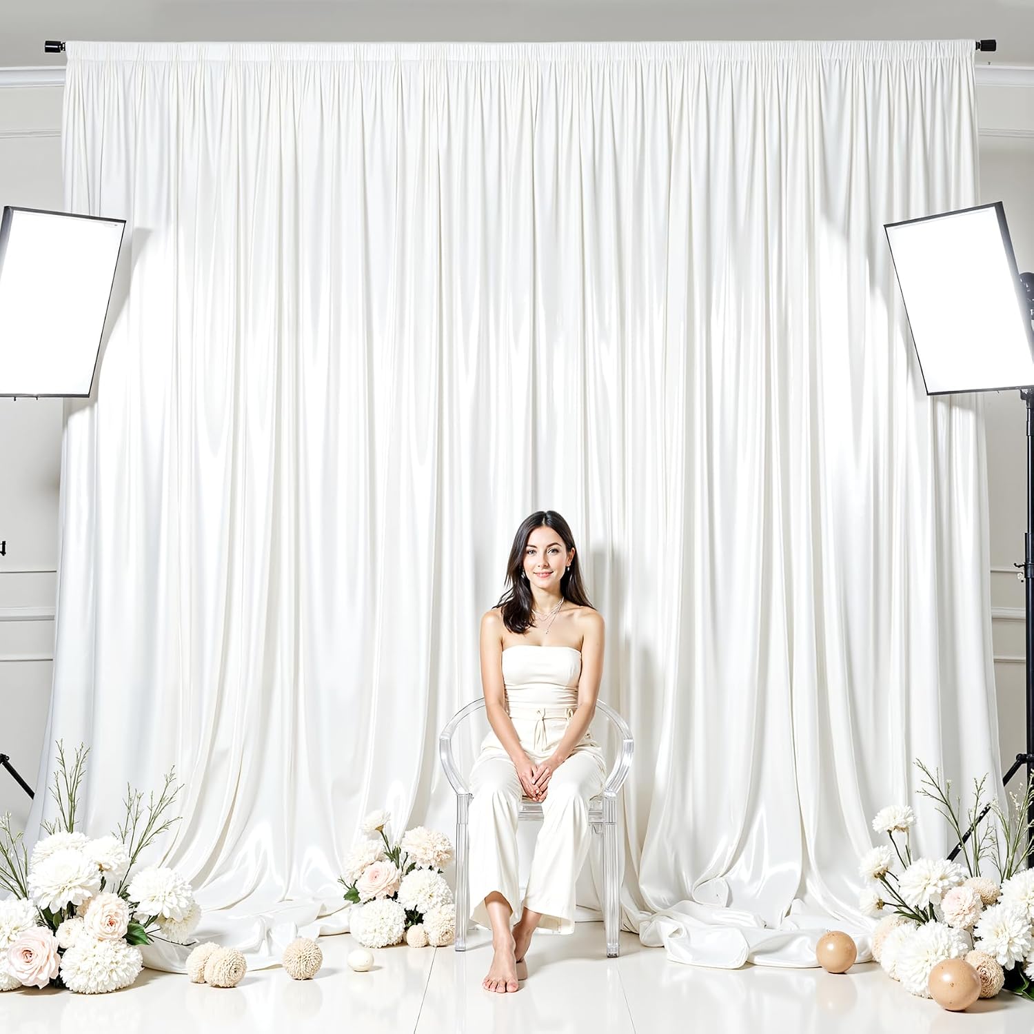 White Glitter Satin Backdrop Curtain for Parties 40x10FT Shimmer Photo Backdrop Drapes Non-Wrinkle Sparkle Drapes for Backdrop Wedding Baby Shower Birthday Christmas Decorations