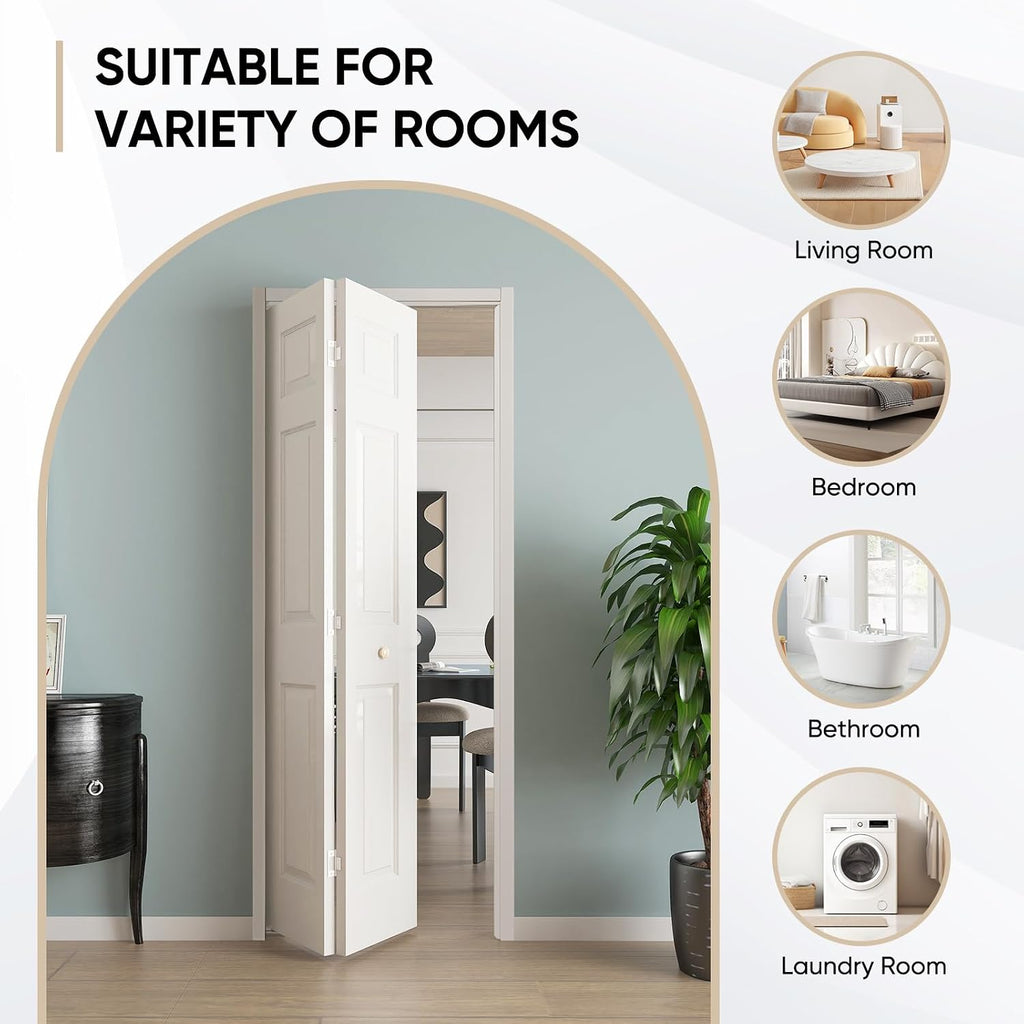 JUBEST Bifold Doors, 6 Panel Primed Bifold Closet Doors for 24'x80' Door Opening, Modern White Hollow Core Bi-Fold Door Slab with Hardware Kit & Knob, Widely Used, Primed
