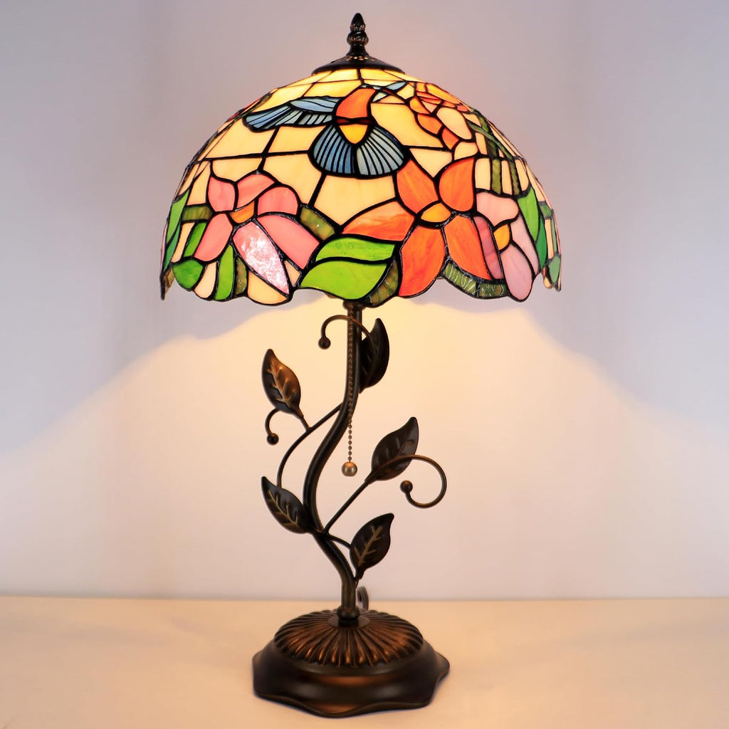 Tiffany Lamp Hummingbird Style Stained Glass Table Lamp Desk Bedside Reading Light 12X12X19 Inches with Metal Leaf Base