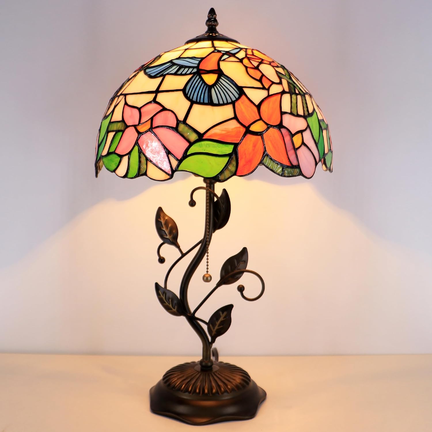 Tiffany Lamp Hummingbird Style Stained Glass Table Lamp Desk Bedside Reading Light 12X12X19 Inches with Metal Leaf Base