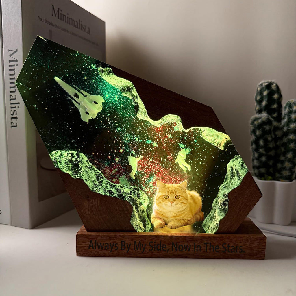 Custom dog & cat memorial gifts for loss of dog & cat, Personalized Space Resin Lamp with Photo and Text, Variable Lights, Handmade Unique pet memorial gifts for the furry astronaut you missed (8'x5')