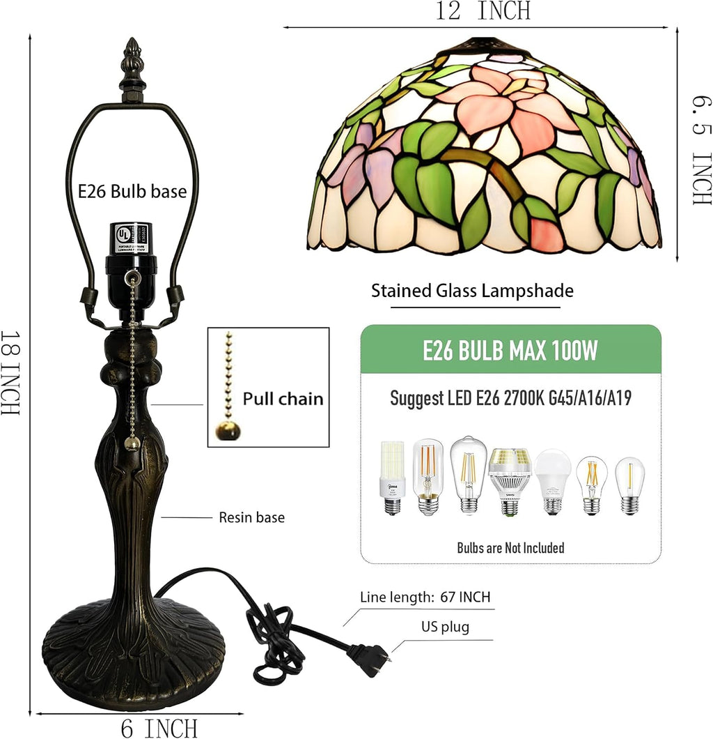 Tiffany Lamp Stained Glass Table Lamp Bedside Reading Lamp 12 x 19' Pink Flower Style Decorative Lamp for Desk Study Living Room Bedroom Office Decor Gift