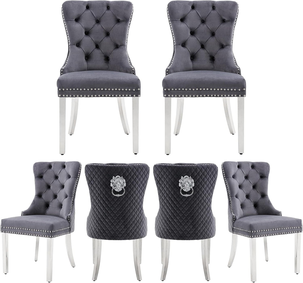 Velvet Dining Chairs Set of 6, Upholstered Dining Room Chairs, Mid-Century Modern Chairs with Diamond Lattice Tufted Back, Lion Pull Ring Rivet Trim, Silver Metal Legs for Kitchen, Dark Grey