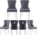 Velvet Dining Chairs Set of 6, Upholstered Dining Room Chairs, Mid-Century Modern Chairs with Diamond Lattice Tufted Back, Lion Pull Ring Rivet Trim, Silver Metal Legs for Kitchen, Dark Grey