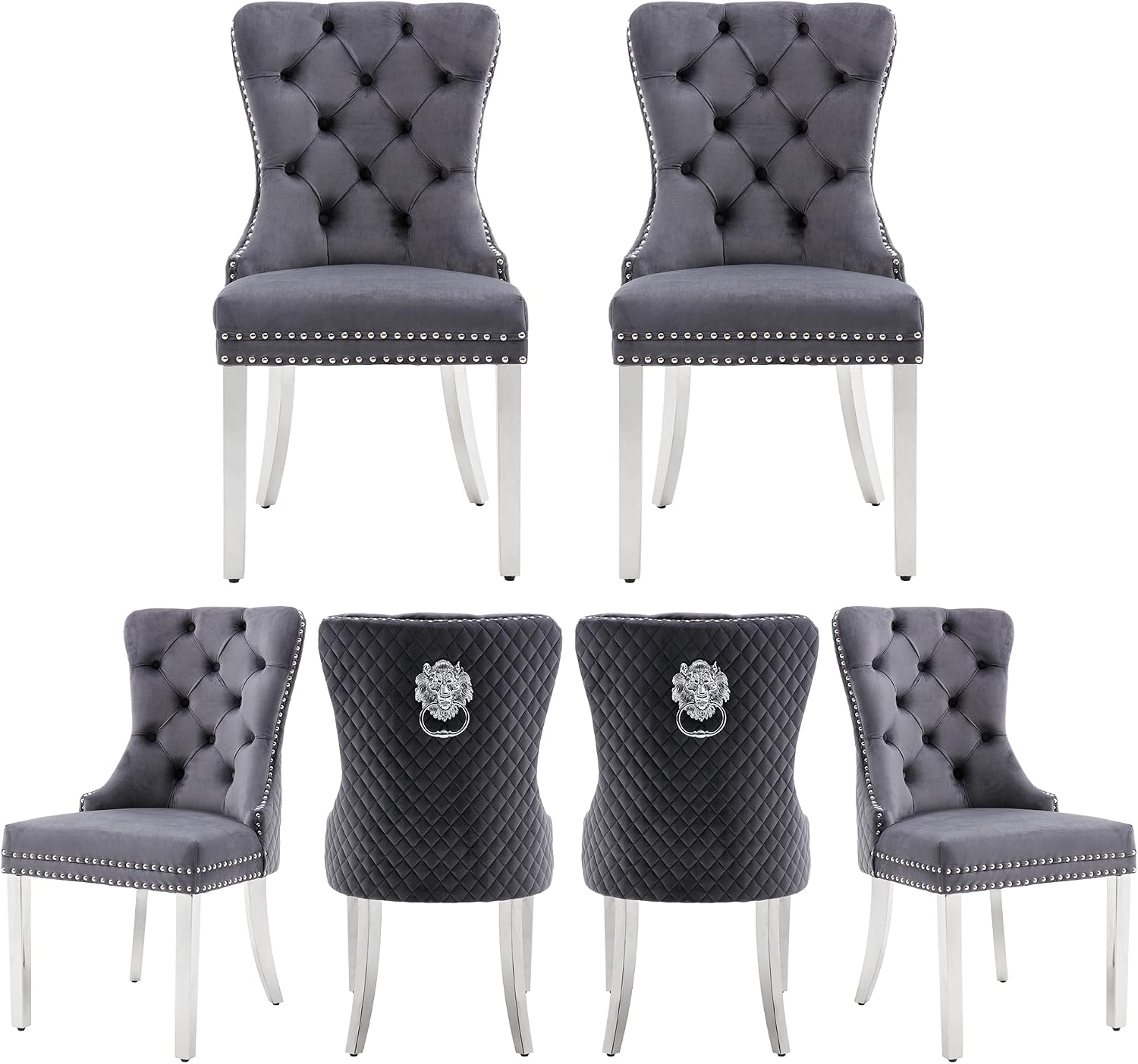 Velvet Dining Chairs Set of 6, Upholstered Dining Room Chairs, Mid-Century Modern Chairs with Diamond Lattice Tufted Back, Lion Pull Ring Rivet Trim, Silver Metal Legs for Kitchen, Dark Grey