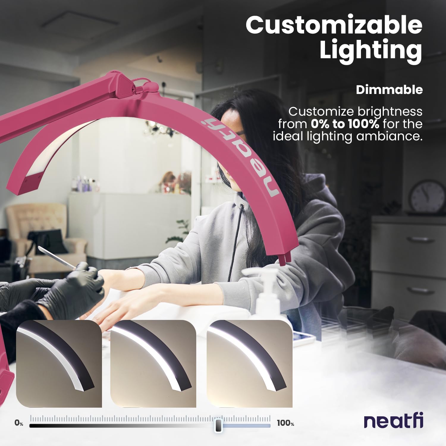 Neatfi Half Moon LED Table Lamp for Estheticians – 2,500 Lumens | CCT Dimming, 5 Light Modes | Professional Task Lamp for Nail Art, Facials, Threading & Tattoos (Pink, CCT with Base and Clamp)