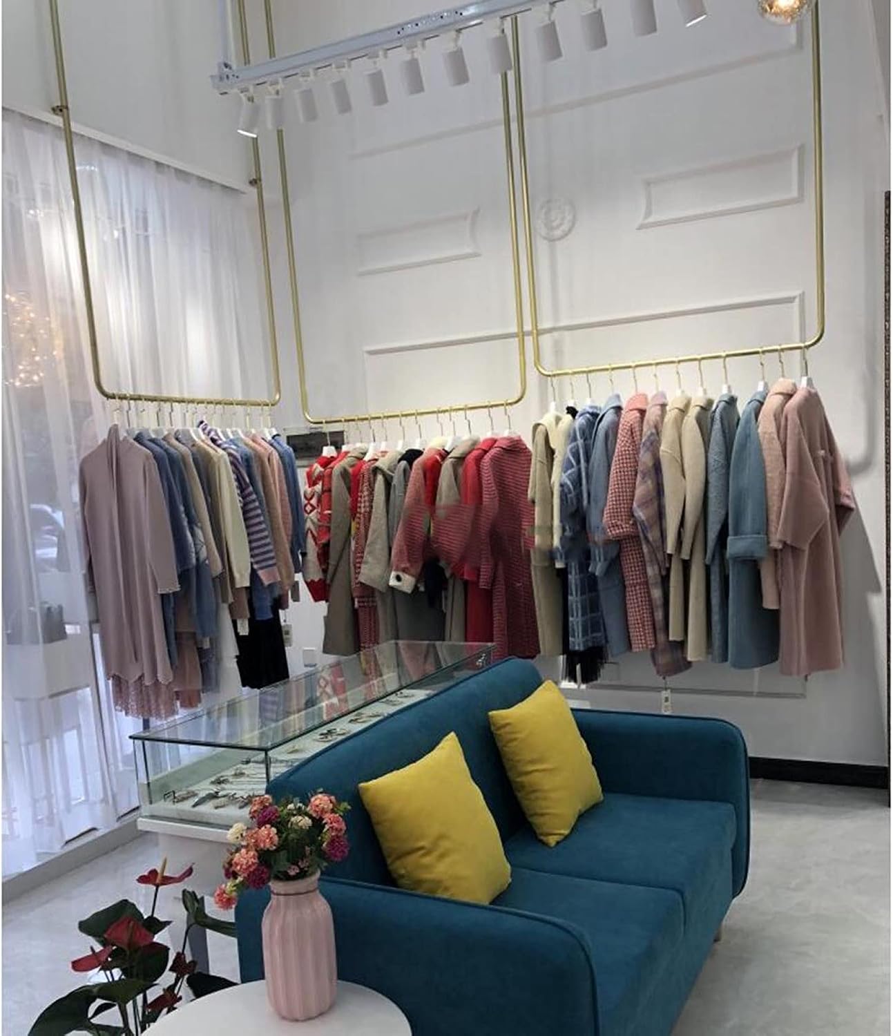 Clothing Store Display Racks, Wall-Mounted Heavy-Duty Clothes Rails, Detachable Clothes Storage Racks, Metal Ceiling Hangers for Bridal Shops(Golden-80Cmx125Cm