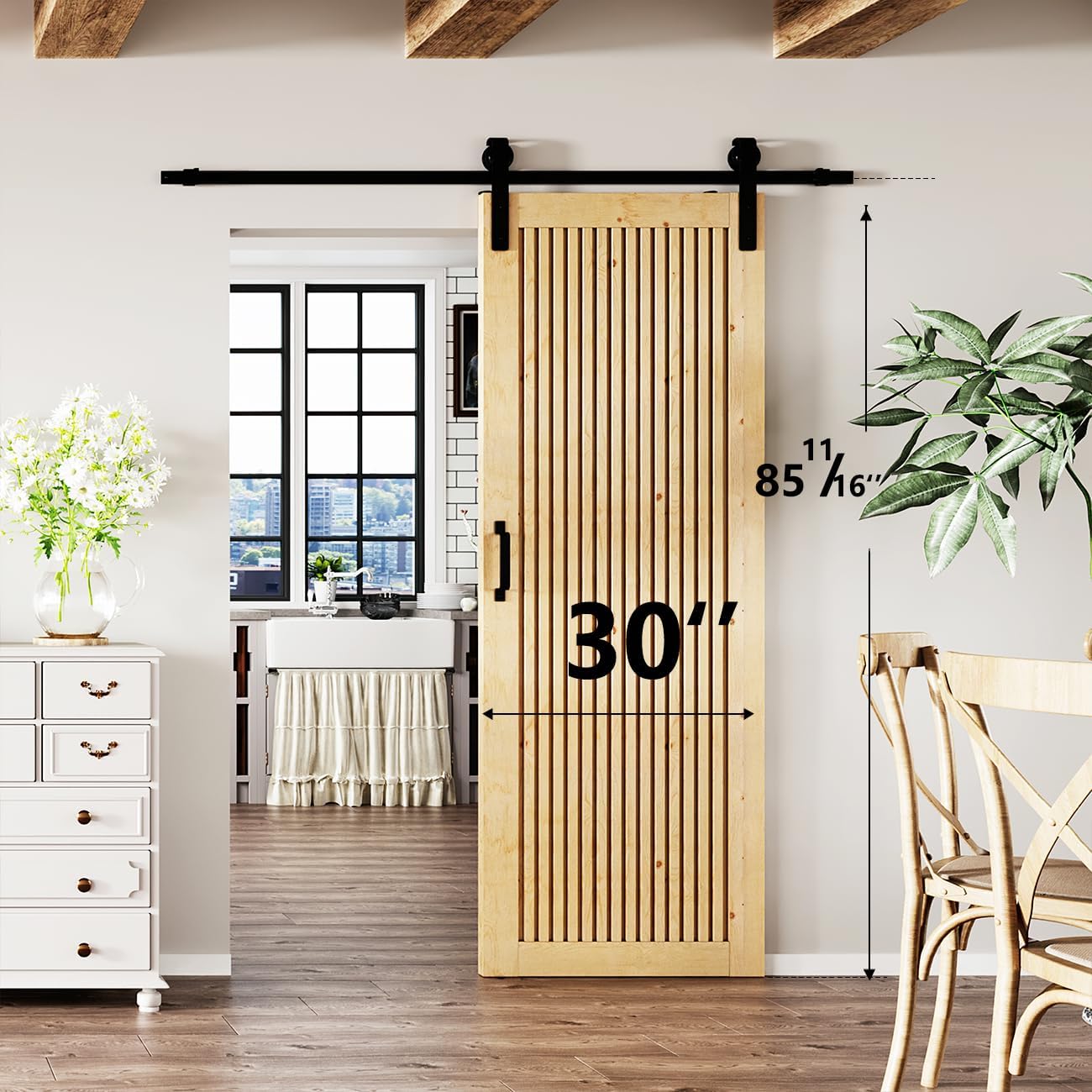 BARNER HOME 30in x 84in Pine Wood Barn Door, 1-lite Decorative Sliding Door with Hardware Kit Included, Pre-Drilled Easy to Assemble, DIY Unfinished Solid Core Single Door, Natural