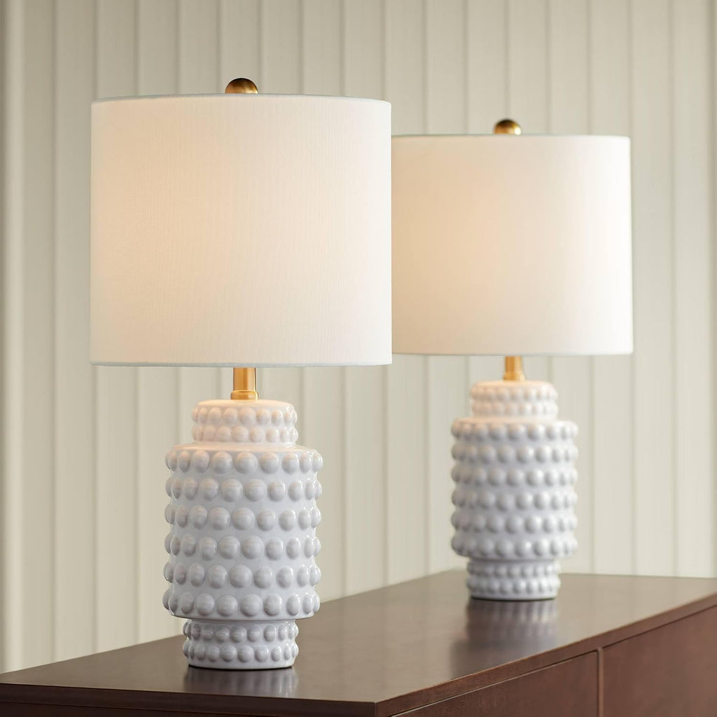 360 Lighting Hobnail 22 1/2' High Small Modern Accent 3-Way Table Lamps Set of 2 White Ceramic Fabric Shade Living Room Bedroom Bedside Nightstand House Office Home Reading Kitchen Entryway Console