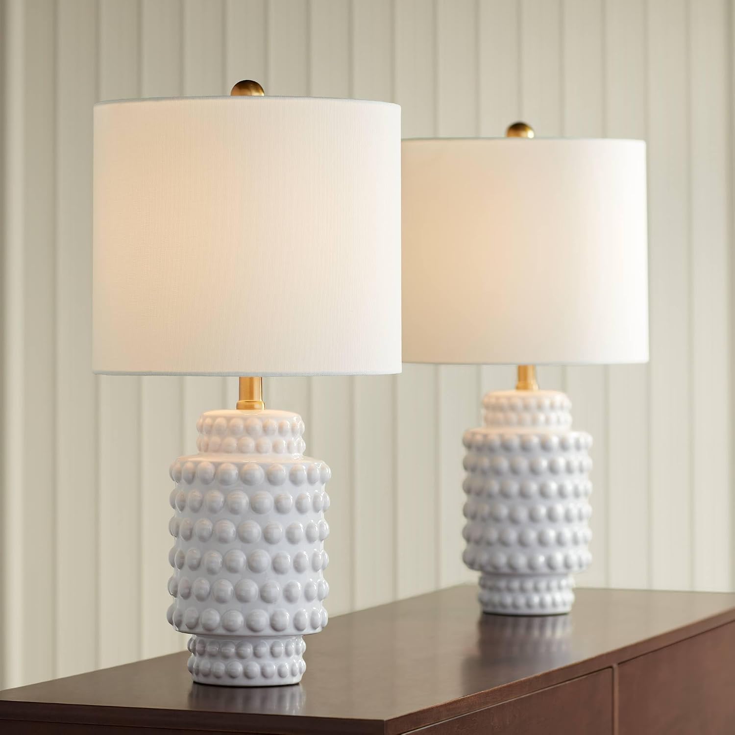 360 Lighting Hobnail 22 1/2' High Small Modern Accent 3-Way Table Lamps Set of 2 White Ceramic Fabric Shade Living Room Bedroom Bedside Nightstand House Office Home Reading Kitchen Entryway Console