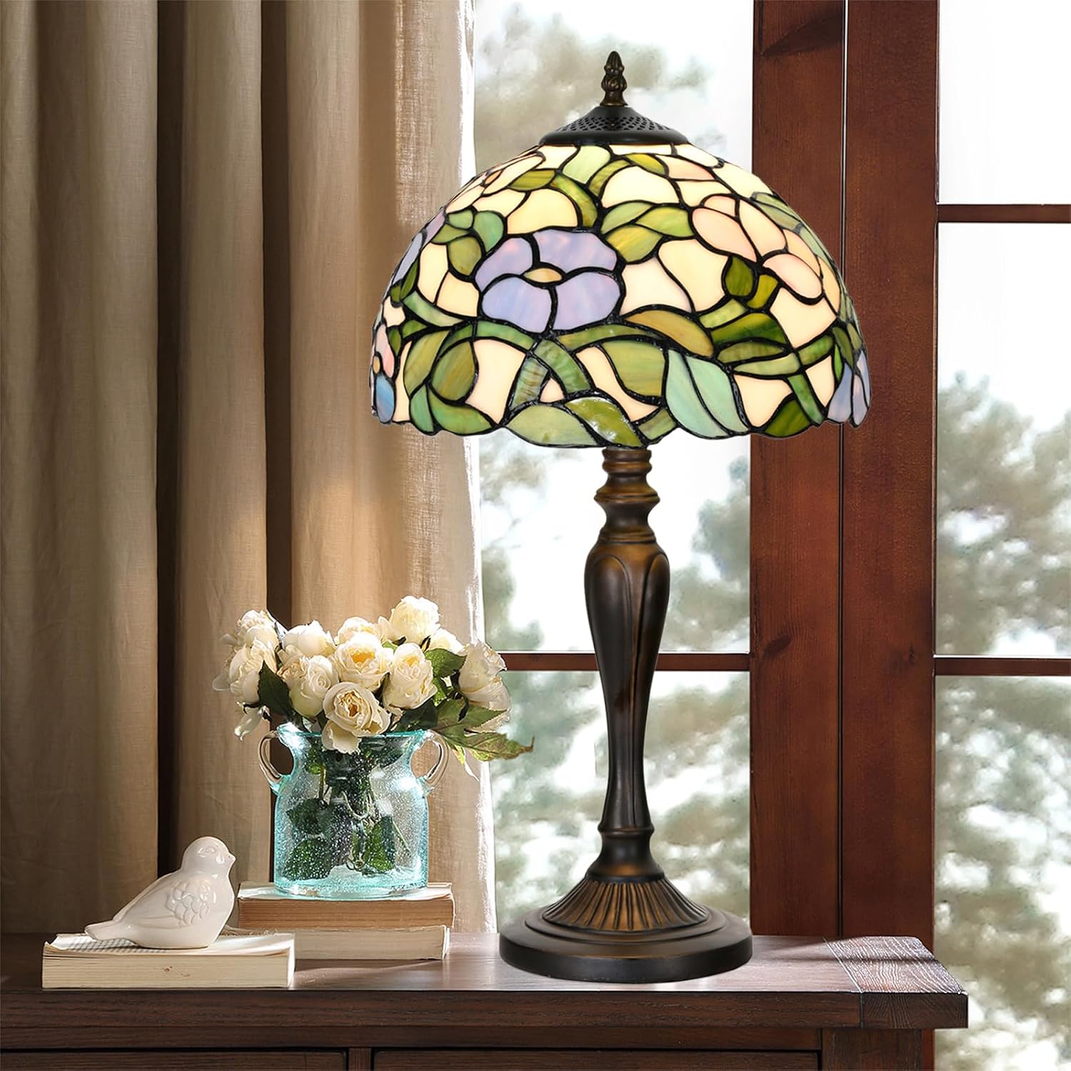 TL0005 Tiffany Table Lamp Bedside Stained Glass Lamp Spring Floral Design Reading Desk Light 12X21.5 Inches for Bedroom Living Room Home Office, lED Bulb Included