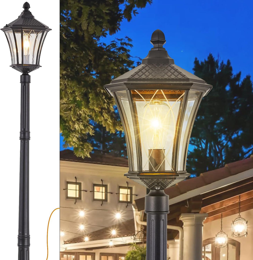 Outdoor Lamp Post Lights with Outlet, Dusk to Dawn Pole Lamp with Patterned Glass, Aluminum Waterproof Outside Street Light with Plug, Hardwired Black Light Pole for Backyard, Garden, Driveway