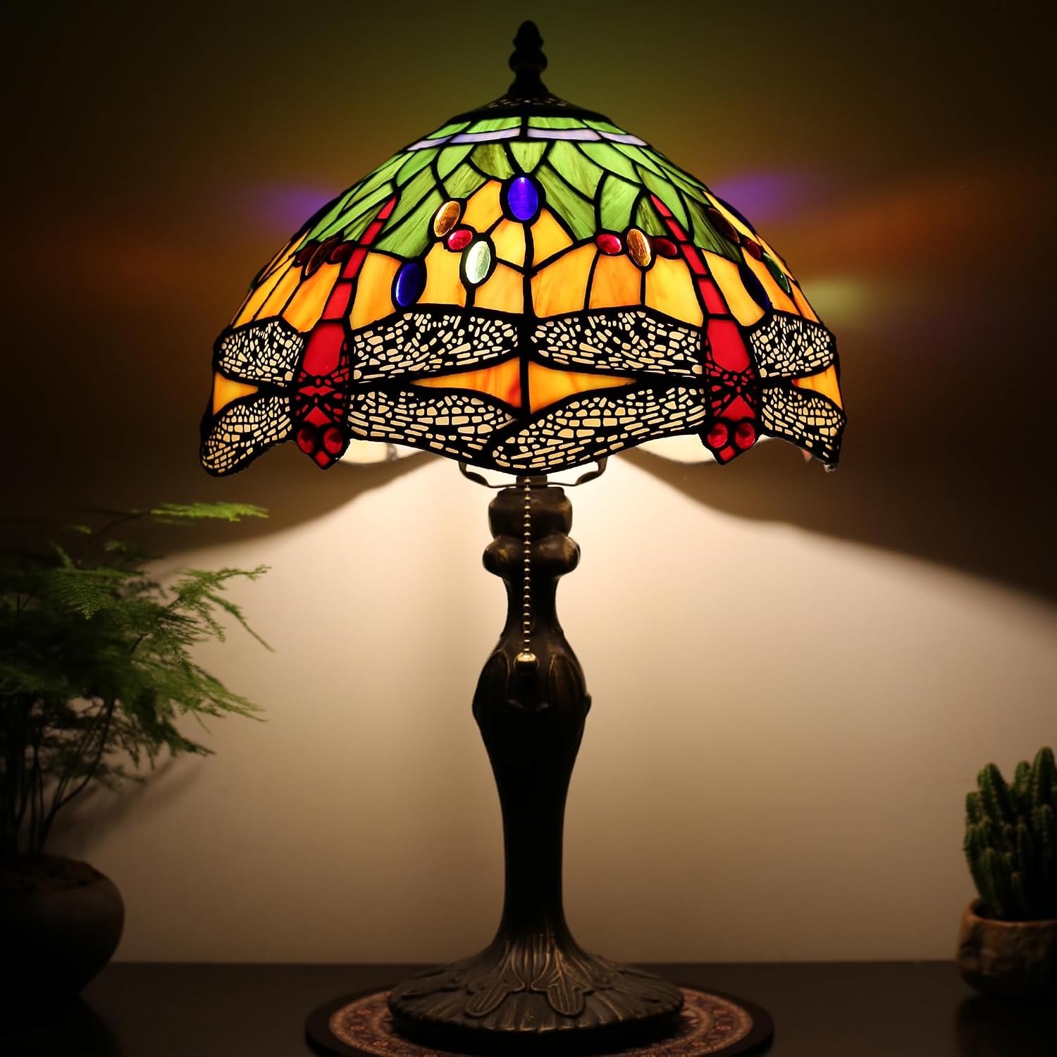 Tiffany Table Stained Glass Table Lamp 12 x 19' Bedside Reading Lamp Yellow Dragonfly Style Decorative Lamp for Desk Living Room Bedroom Office Study Light Decor Gift
