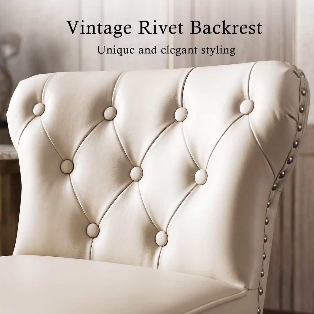 Counter Height Bar Stools Set of 4, 26' Mid-Century Swivel Bar Stool with Metal Base for Kitchen Island, Rivet Armless Faux PU Leather Barstool with High Back and Large Thick Cushion, Beige