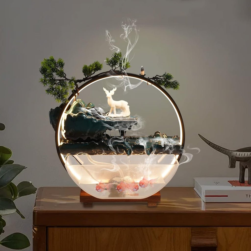 17Inch Mini Fish Tank Tabletop Decoration Indoor Waterfall Fountains Humidifier with LED Light and Atomizer Mist, Water Fountain Japanese Zen Decor Meditation Fake Plants Bonsai Gift