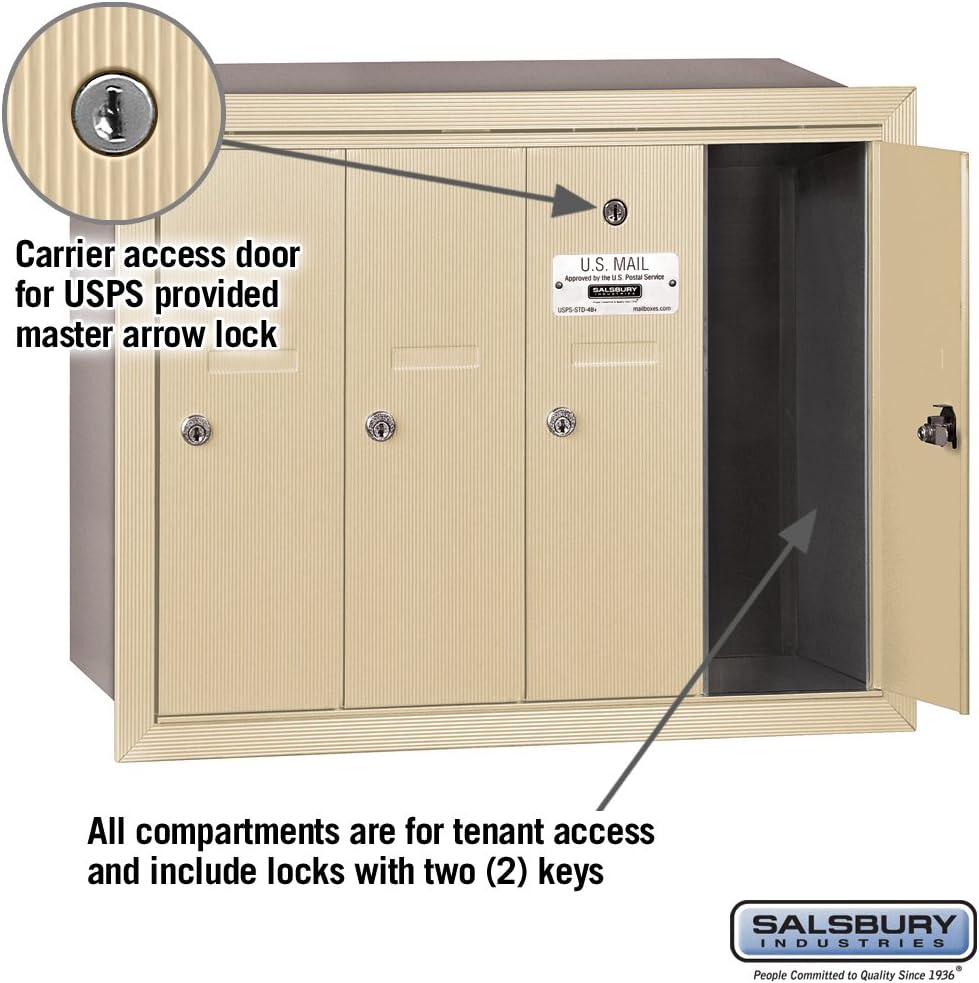 Salsbury Industries 3504SRU Recessed Mounted Vertical Mailbox for use with USPS Lock, 4 Doors, Sandstone