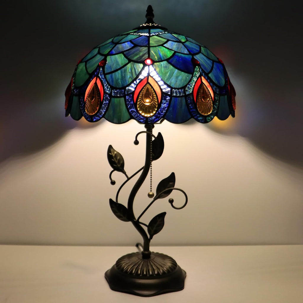 Tiffany Lamp Sea Blue Peacock Tail Style Stained Glass Table Lamp Desk Bedside Reading Light 12X12X19 Inches with Metal Leaf Base