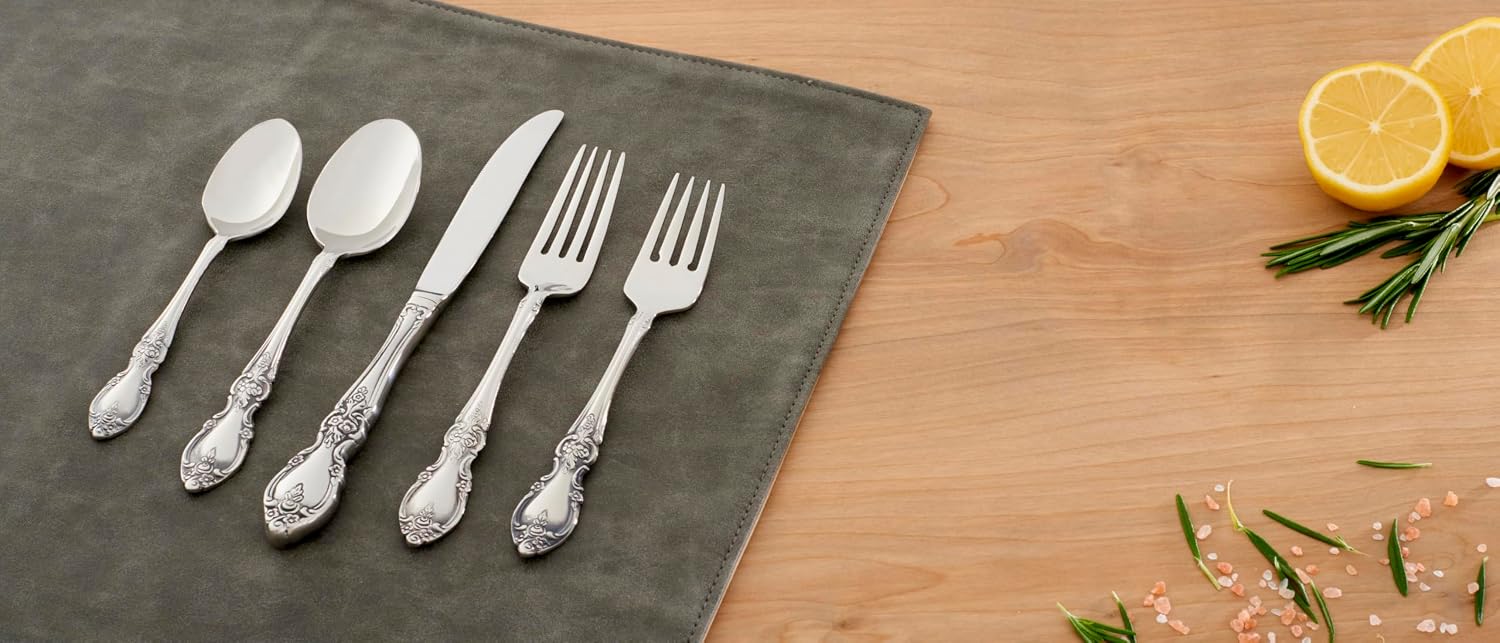 Oneida Silverware Set For 8 with Serving Utensils, Louisiana 45-Piece Fine Flatware Set, Service For 8, 18/8 Stainless Steel, Mirror, Knives Spoons Forks Serving Spoons,Dishwasher Safe(Silver 45 Piece