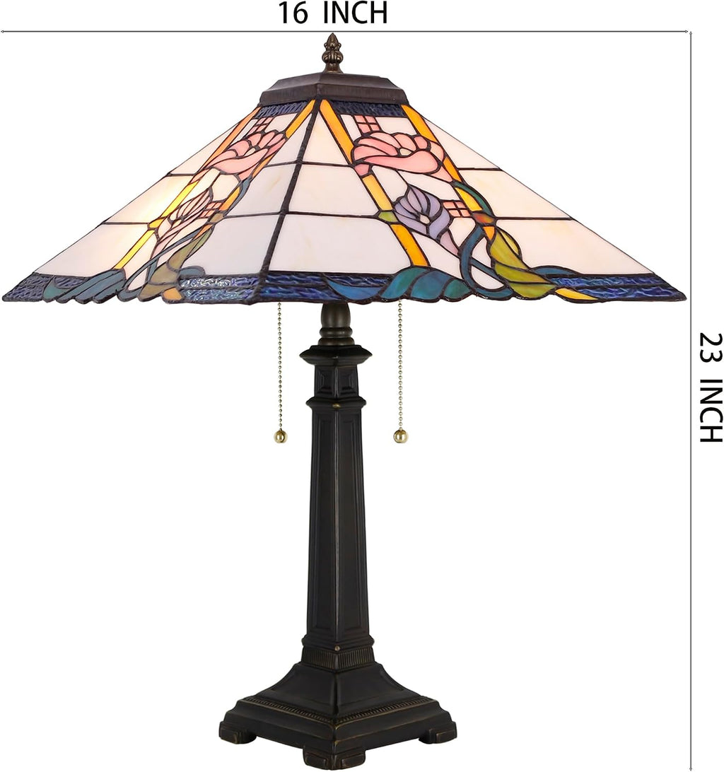 Tiffany Table Lamp Pink Flower Mission Style Stained Glass 16X16X23 Inches Desk Reading Light for Bedrooms Living Room Study Home Office