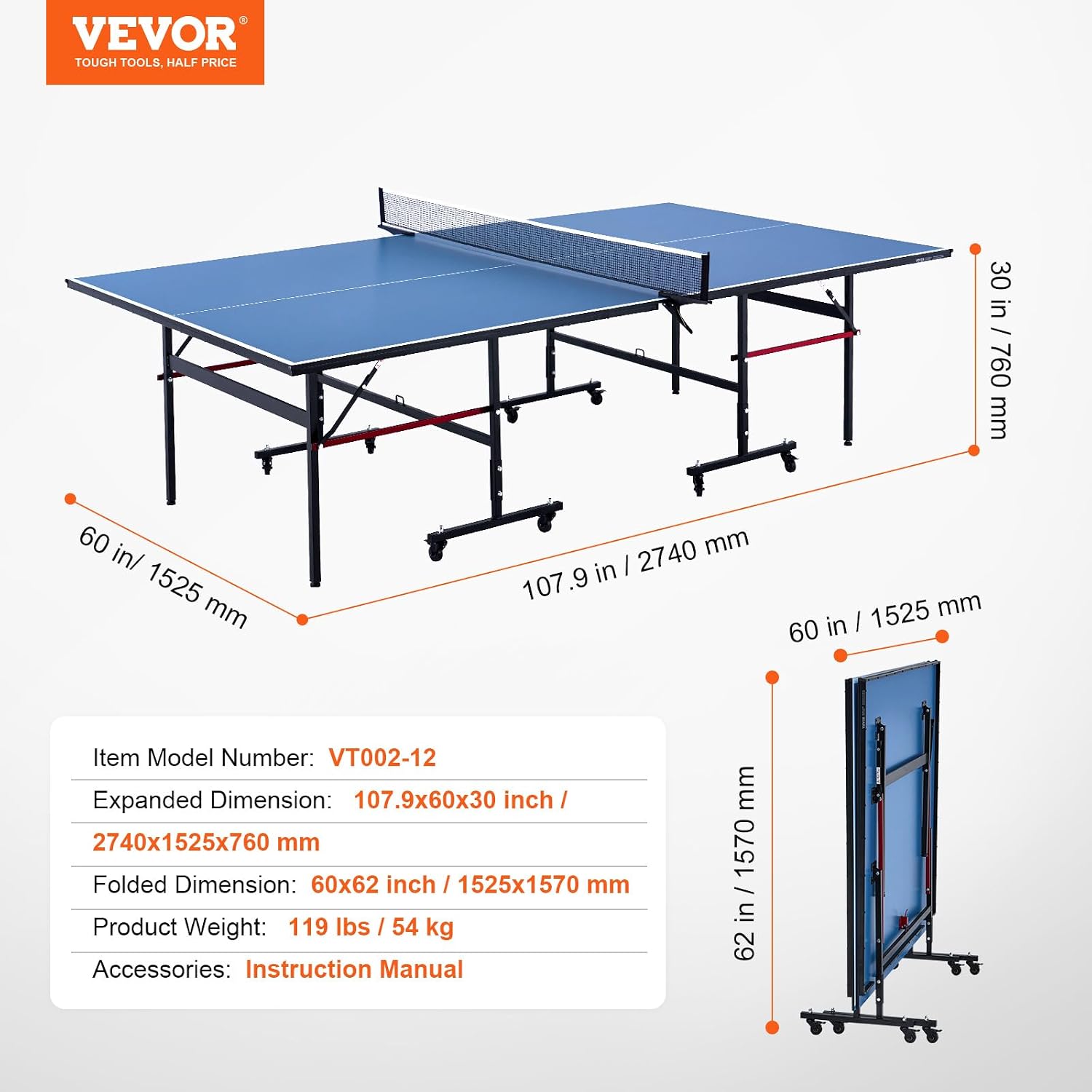 VEVOR Ping Pong Table, Professional Table Tennis Game, Indoor MDF Portable Table Tennis Table, Foldable Ping Pong Table with Quick Clamp Net and Lockable Wheel, 10 Minute Easy Assembly, 12mm Tabletops