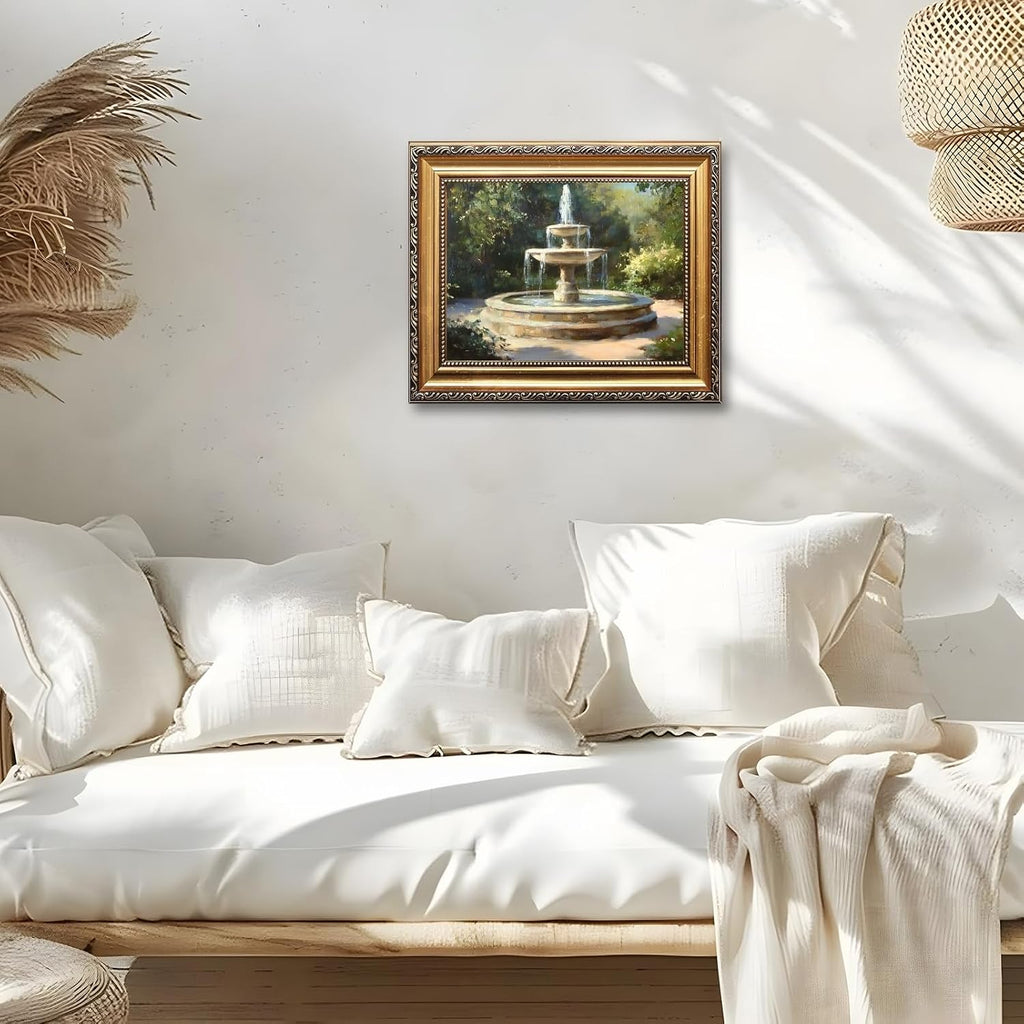 Large Gold Framed Classic Garden Fountain Canvas Poster Vintage Impressionist Landscape Wall Art Retro European Courtyard Outdoor Scenery Painting Prints Artwork for Bedroom Home Decor 24x36inch