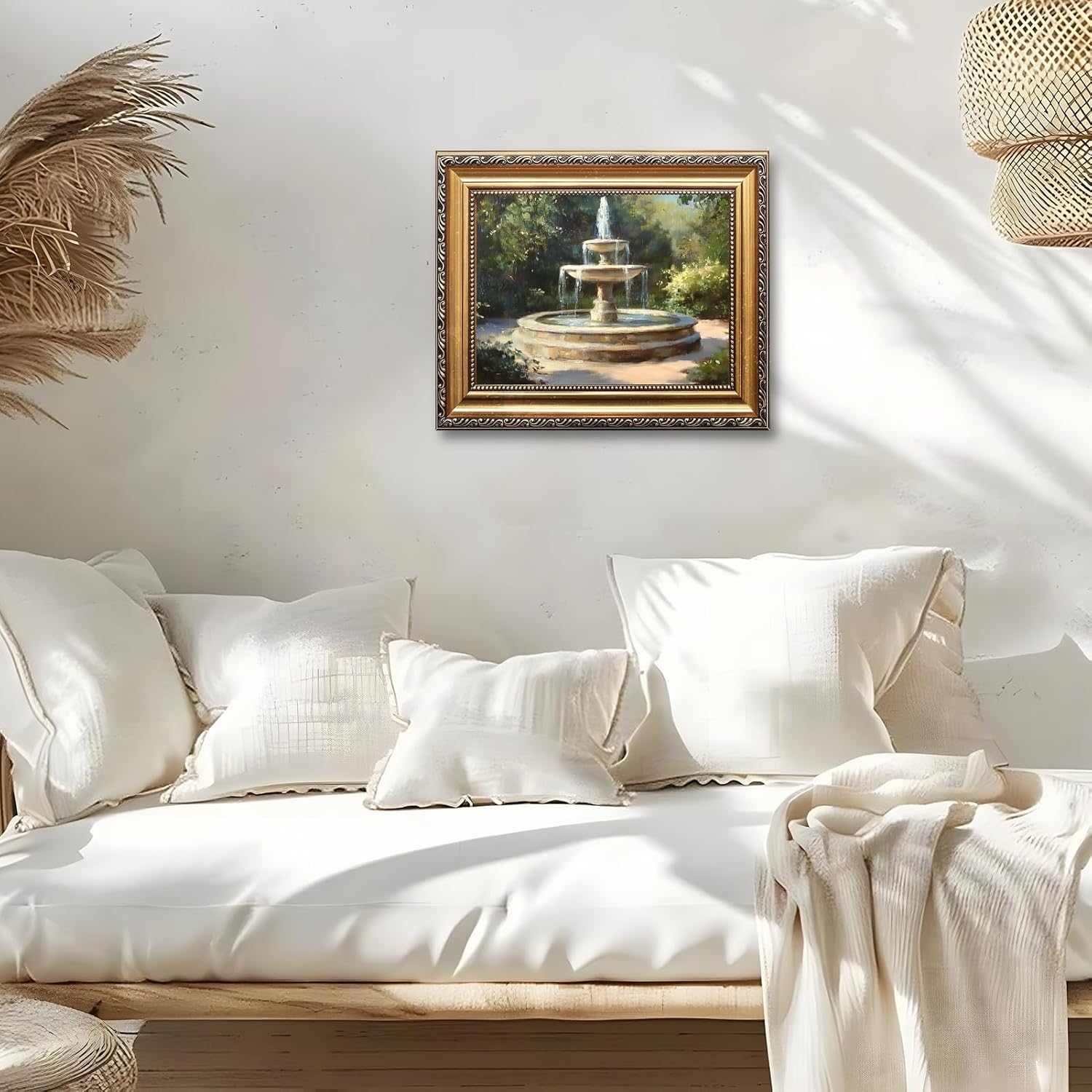 Large Gold Framed Classic Garden Fountain Canvas Poster Vintage Impressionist Landscape Wall Art Retro European Courtyard Outdoor Scenery Painting Prints Artwork for Bedroom Home Decor 24x36inch
