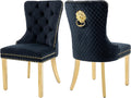 Velvet Dining Chairs Set of 2, Upholstered Dining Room Chairs, Mid-Century Modern Chairs with Diamond Lattice Tufted Back, Lion Pull Ring Rivet Trim, Golden Metal Legs for Kitchen, Black
