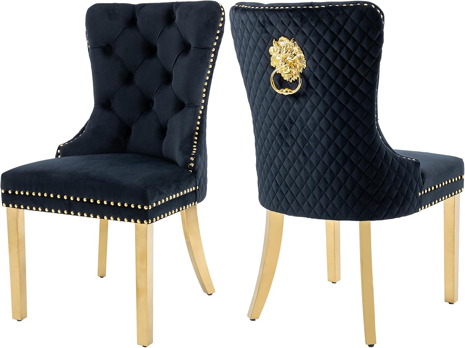 Velvet Dining Chairs Set of 2, Upholstered Dining Room Chairs, Mid-Century Modern Chairs with Diamond Lattice Tufted Back, Lion Pull Ring Rivet Trim, Golden Metal Legs for Kitchen, Black