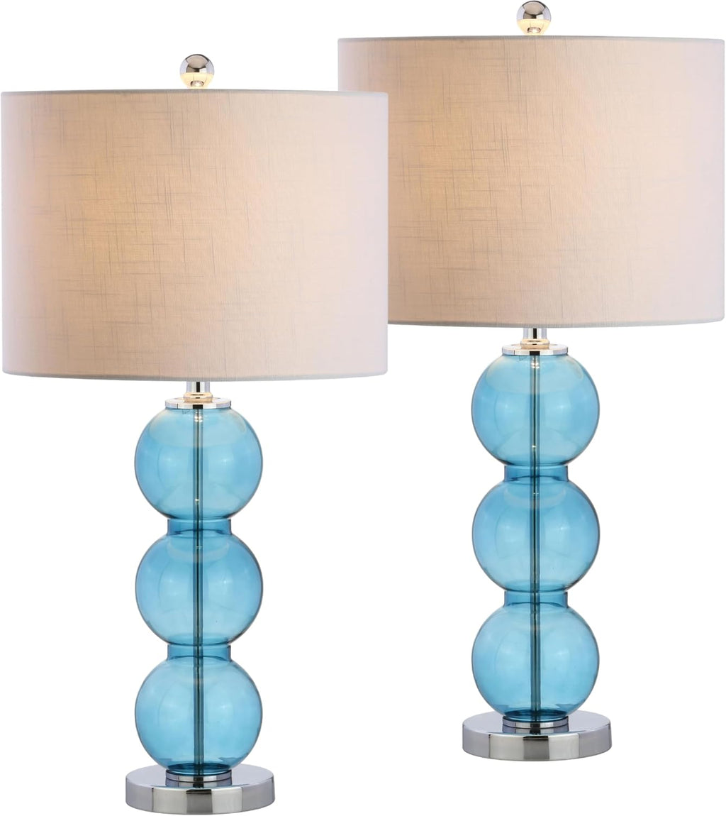 JONATHAN Y 27' Sky Blue/Chrome Triple-Sphere Glass Table Lamp Set of 2, Bedside, White Linen Shade, Modern Table Lamps for Living Room, Bedroom, Office, LED Bulbs Included (JYL1070C-SET2)
