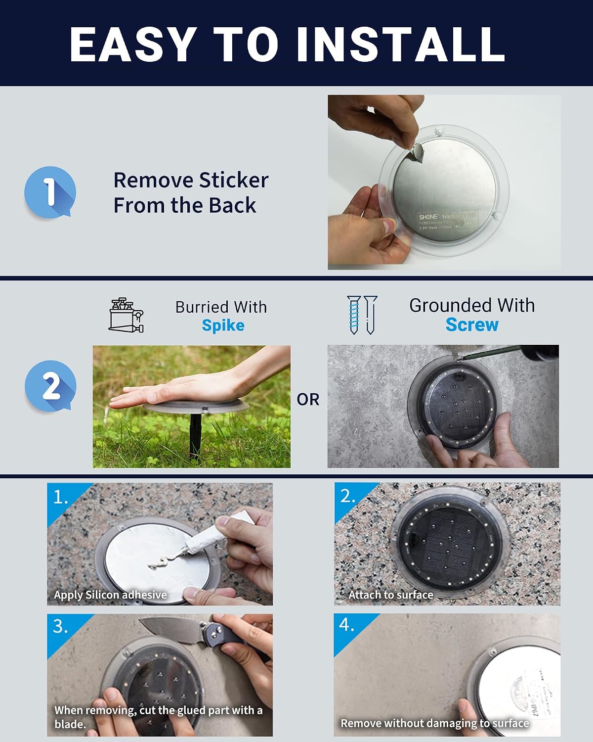 SHONELIGHTING Solar Dock Lights Outdoor Waterproof, Flat Low Profile Disc LED for Deck, Driveway, Ground & Pathway, Anti-Slip & Anti-Trip (Warm White, 12Pack)