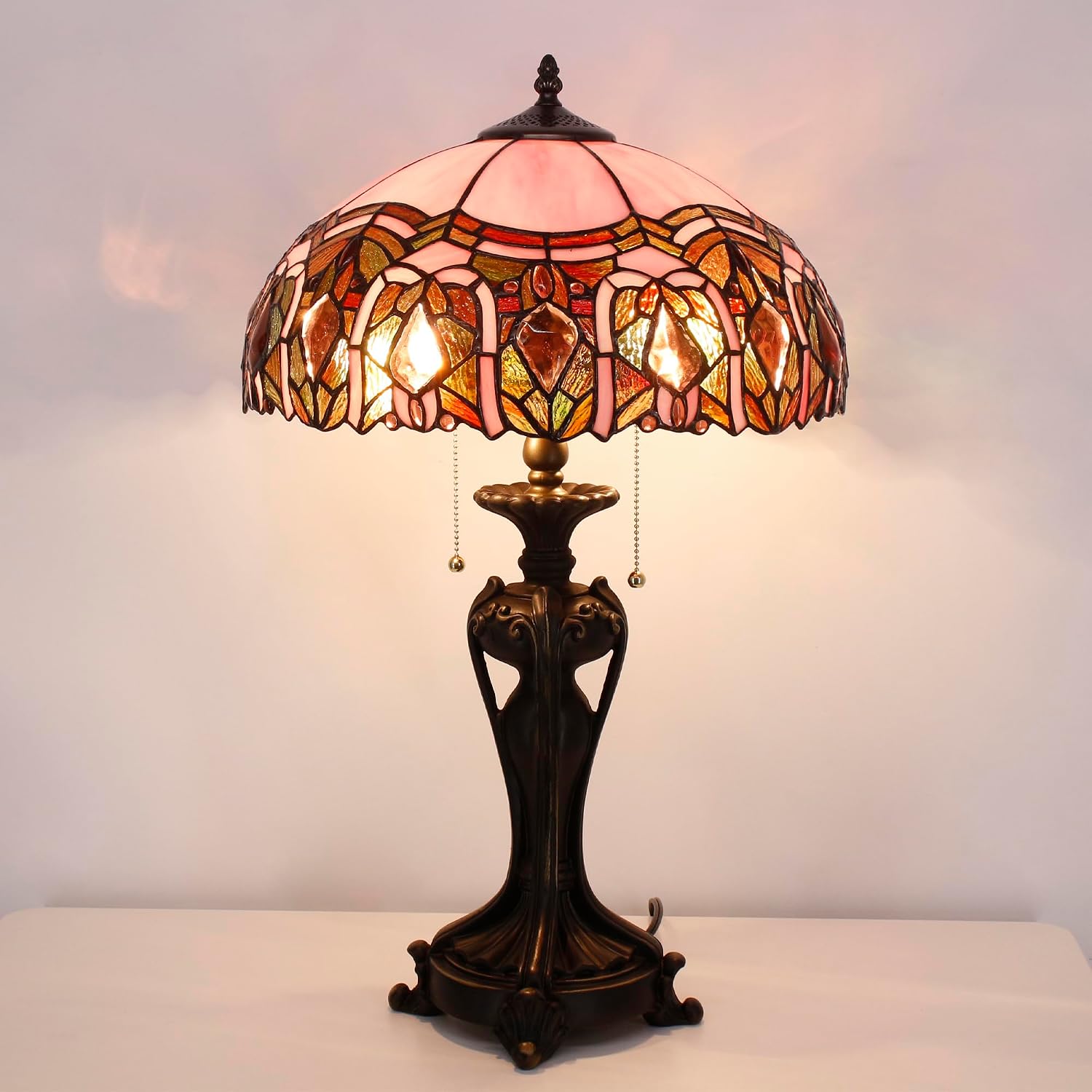 Tiffany Lamp(2 Lights) Stained Glass Table Lamp Bedside Desk Reading Light 16X16X24 Inch Decor Bedroom Living Room Home Office (Pink Jewelry)