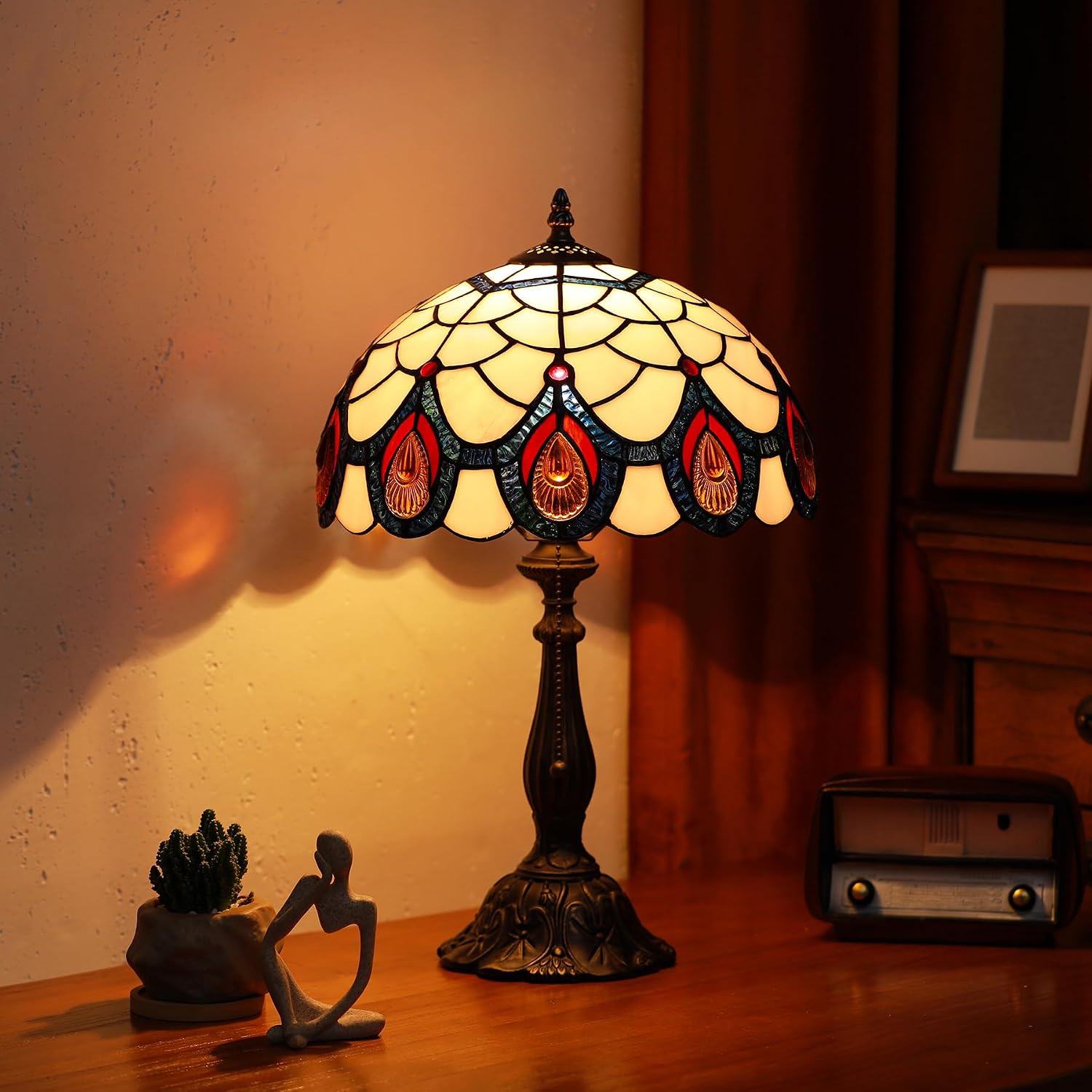 Tiffany Lamps Light Pink Peacock Tail Style Stained Glass Table Lamp Desk Bedside Reading Light 12X12X18.5 Inches with Bronze Resin Base Applicable to Bedroom Living Room Office
