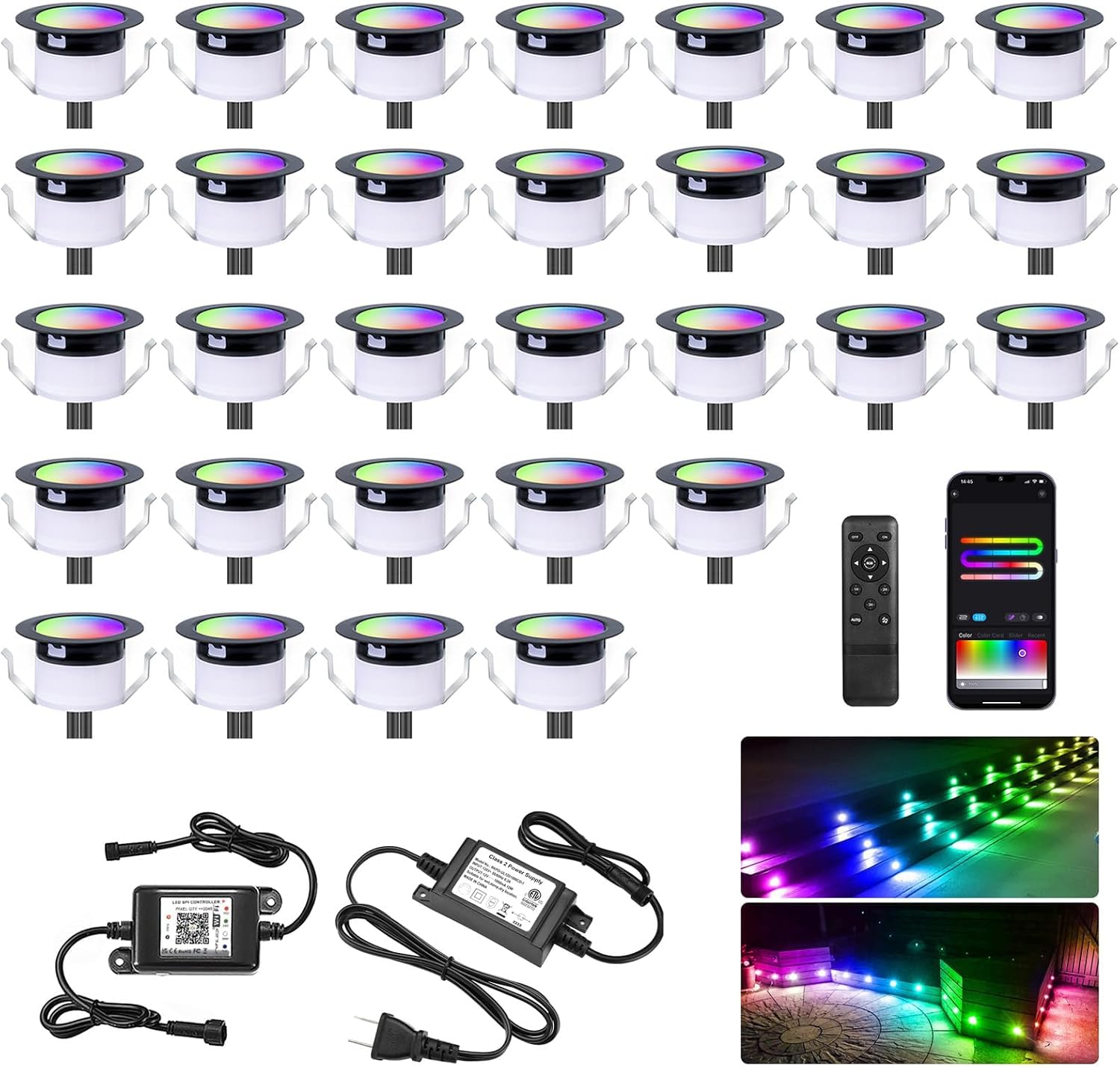 Sumaote LED Deck Lights Kit, 30Pack 1.22' WiFi RGBW+IC Multicolor Dynamic Recessed Low Voltage Deck Lighting, IP67 Waterproof 12V Step Lights Outdoor for Garden Yard Stair