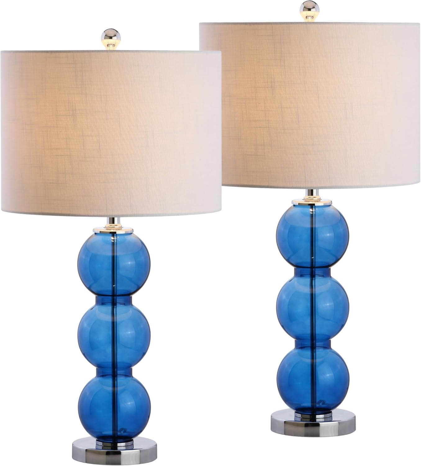 JONATHAN Y 27' Cobalt Blue/Chrome Triple-Sphere Glass Table Lamp Set of 2, Bedside, White Linen Shade, Modern Table Lamps for Living Room, Bedroom, Office, LED Bulbs Included (JYL1070E-SET2)