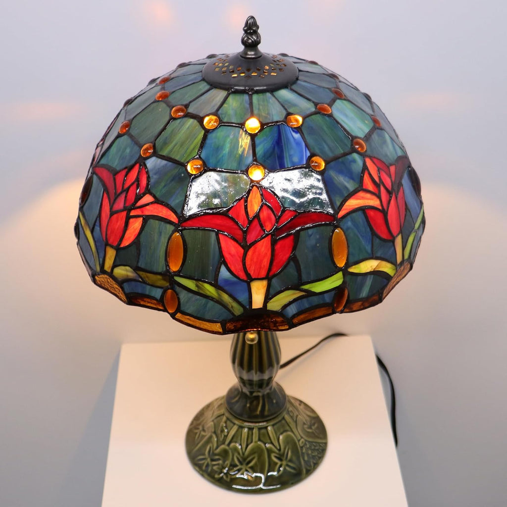 Tiffany Lamp Stained Glass Table Lamps Red Blue Tulips Style Desk Lamp 12X12X18.5 Inch Bronze Ceramic Base Reading Light Suitable for Bedside Bedroom Living Room Dining Room Office