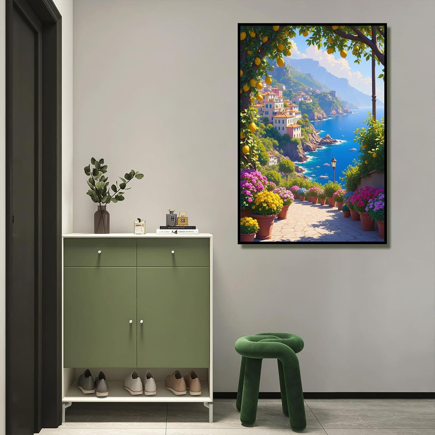 Italian Amalfi Coast Lemon Tree Garden Amalfi Coast Landscape | Metal Framed canvas, for event venues, mediterranean style, temporary venue decor, mediterranean theme styling