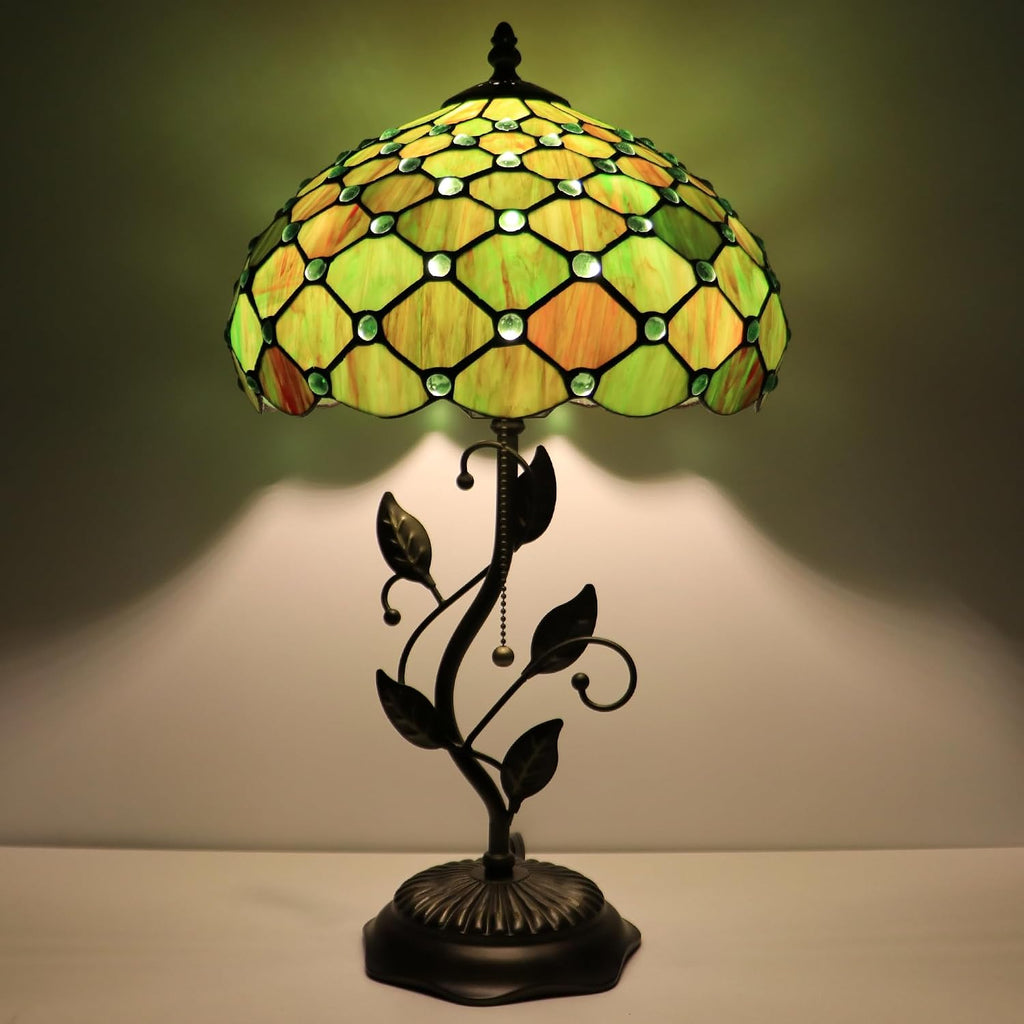Tiffany Lamp Brownish Green Pearl Style Stained Glass Table Lamp Desk Bedside Reading Light 12X12X19 Inches with Metal Leaf Base