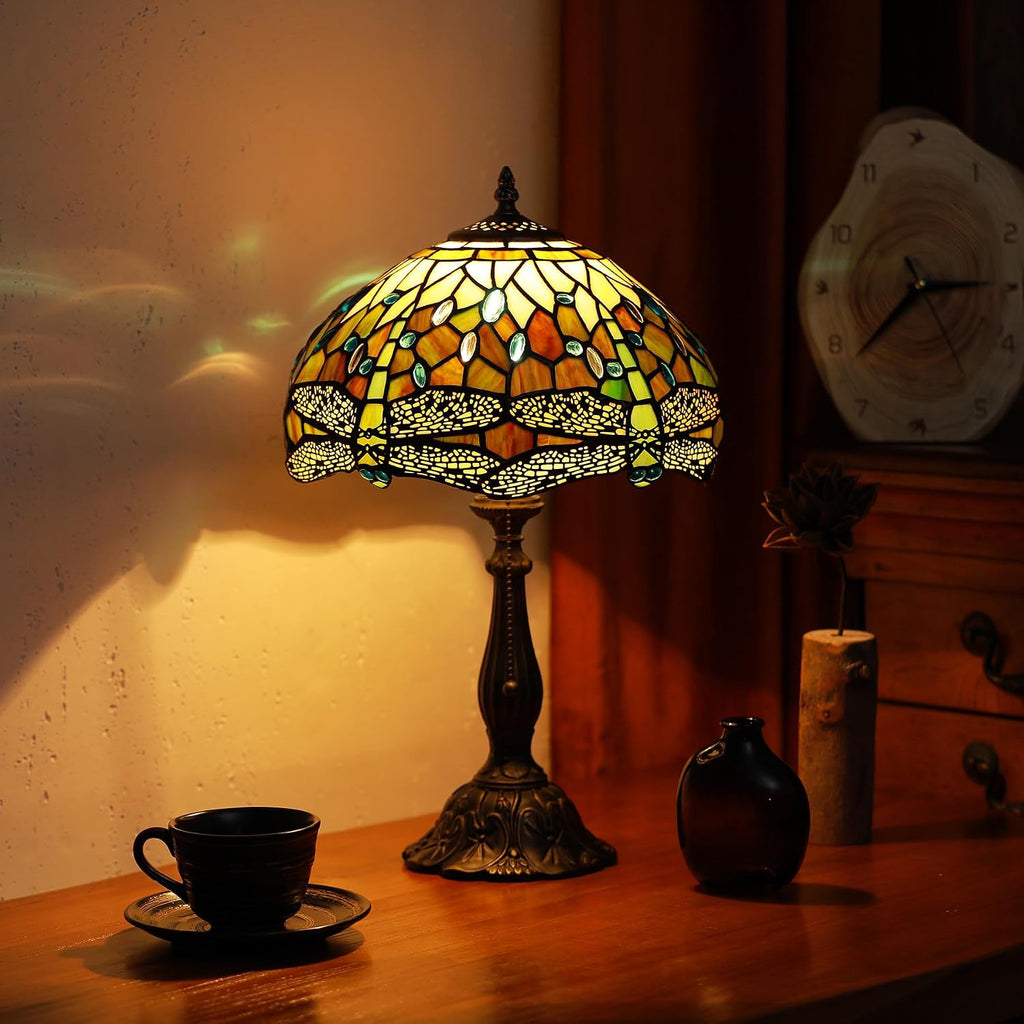 Tiffany Lamps White Brown Dragonfly Style Stained Glass Table Lamp Desk Bedside Reading Light 12X12X18.5 Inches with Bronze Resin Base Applicable to Bedroom Living Room Office