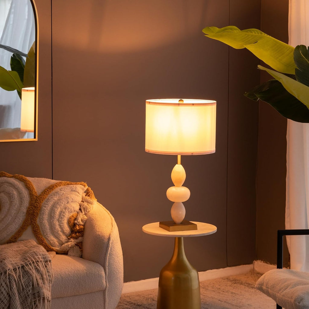 Montary 26.3' White and Gold Three Tiered Round Alabaster Table Lamp with Drum Shade, Contemporary Aesthetics Bedside Desk Lamp for Bedroom Living Room Office Café Bookcase Home Decor