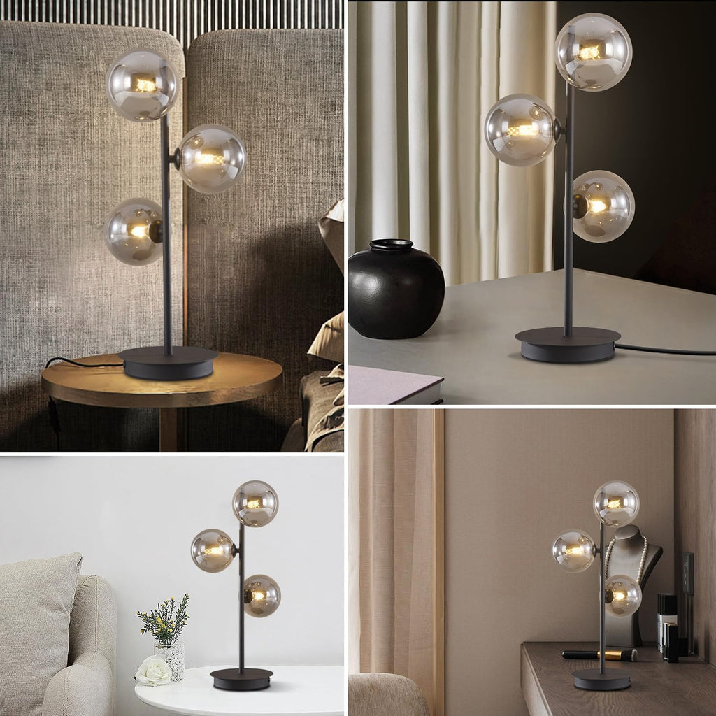 Mid Century Modern Table Lamp Smoky Grey Glass Globe Desk Lamp Industrial Vintage Bedside Table Light Contemporary Minimalist Metal Nightstand Reading Lamp Retro Table Lamp MTL03-SG