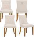 adochr Dining Chairs Set of 4, Modern Mid Century Kitchen Chairs with Wooden Legs & Linen Fabric Back, Dining Room Chairs with Pull Rings & Nailhead Trim, Beige