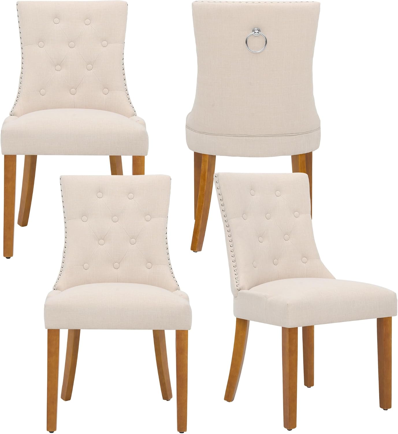 adochr Dining Chairs Set of 4, Modern Mid Century Kitchen Chairs with Wooden Legs & Linen Fabric Back, Dining Room Chairs with Pull Rings & Nailhead Trim, Beige