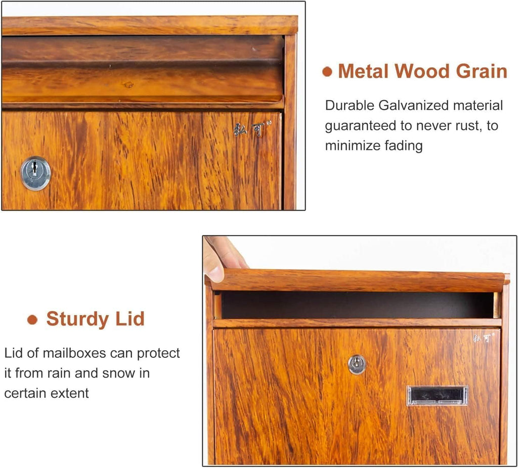 Mailbox Simple Mailbox Metal Post Box Rectangular Drop Box Creative Wooden Texture Parcel Box with 2 Keys and Lock Suggestion Box More Sturdy