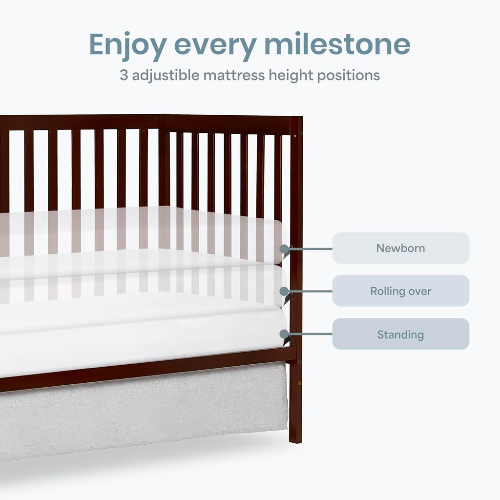 Dream On Me Synergy 5-in-1 Convertible Full-Size Baby Crib with Toddler, Day & Full Bed Conversion in Espresso, GreenGuard Gold & BSA, 3 Mattress Heights, Sustainable Pinewood