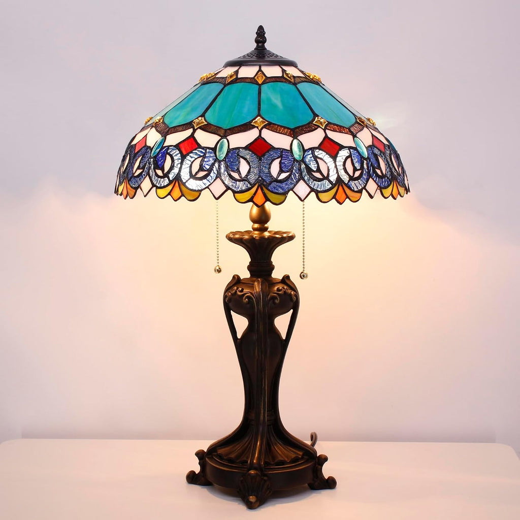 Tiffany Lamp(2 Lights) Stained Glass Table Lamp Bedside Desk Reading Light 16X16X24 Inch Decor Bedroom Living Room Home Office (Blue Baroque)