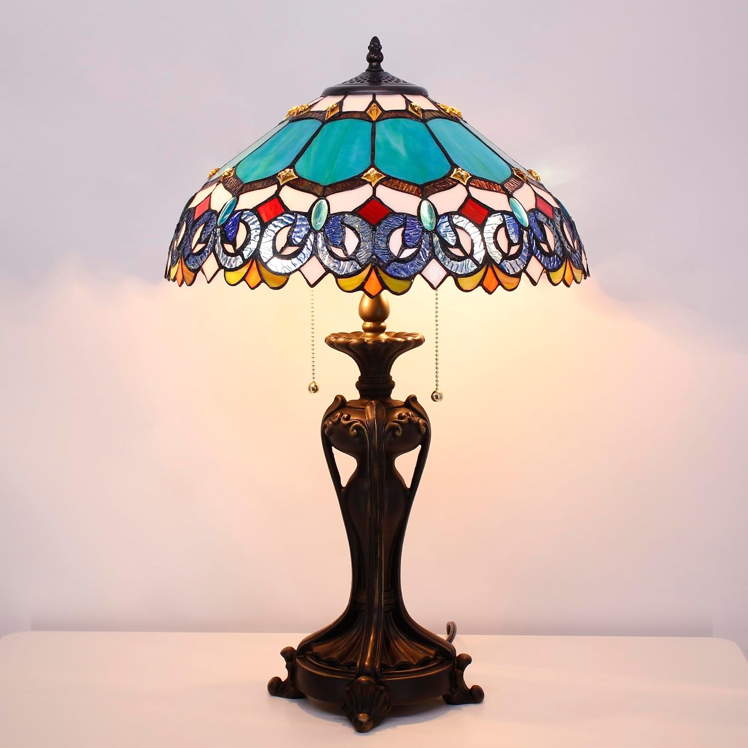 Tiffany Lamp(2 Lights) Stained Glass Table Lamp Bedside Desk Reading Light 16X16X24 Inch Decor Bedroom Living Room Home Office (Blue Baroque)
