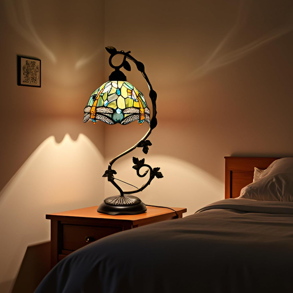 Tiffany Table Lamp, Stained Glass Desk Reading Light,Metal Leaf Table Lamp Base 8X10X21 Inches (Brown Dragonfly)