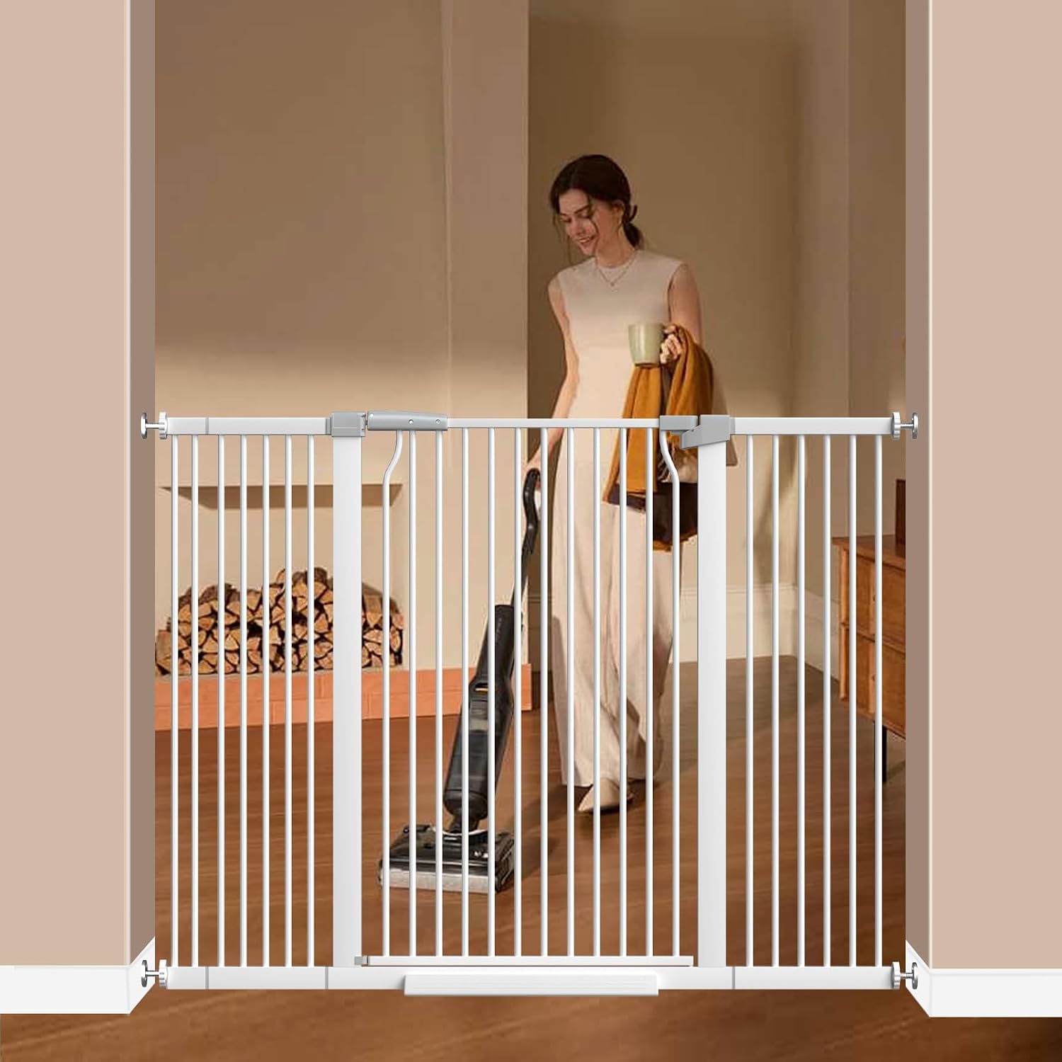 41' Extra Tall Cat Gate for Doorway, 40.6-54.7 Metal Pet Baby Safe Gate, Extra Wide Pressure Mounted Child Door with Expansion Kit, No Drilling No Climb Cat Fence Indoor, Tall Dog Gate, White